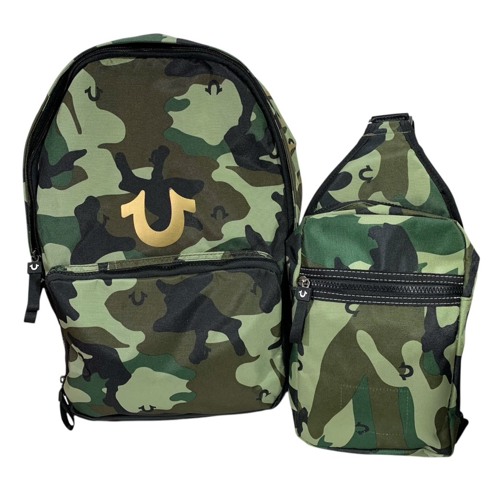 True Religion Camo Backpack and Camo Sling Bag Combo Set NWT